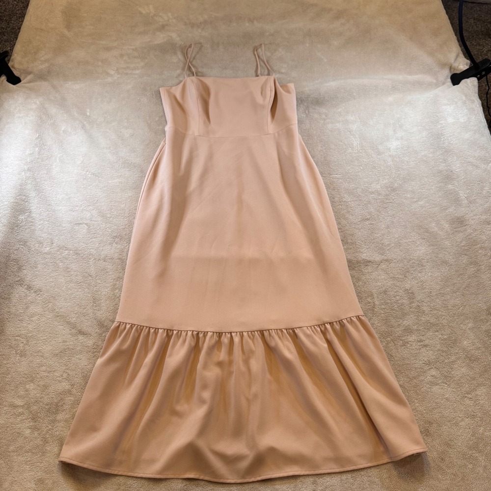 Neutral Blush Midi Dress Quiet Luxury Old Money Minimalist Wedding Guest SZ L - Picture 2 of 12